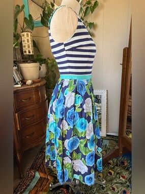 ModCloth Retro Navy Stripe Floral V Neck Sleeveless Dress Women’s S, Pockets